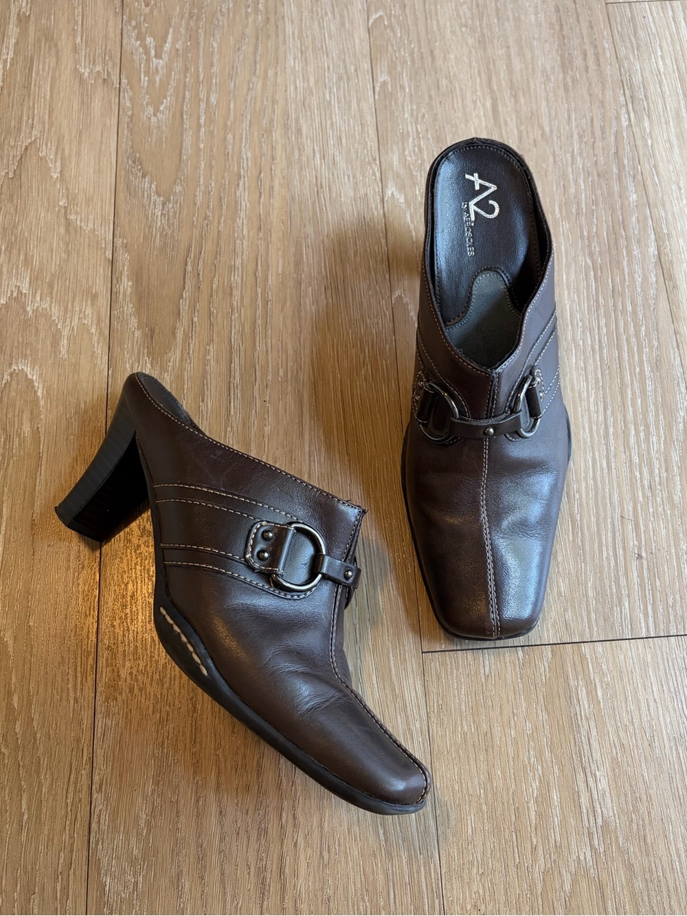 A2 By Aerosoles Y2K Dark Brown Leather Buckle Mule Pumps